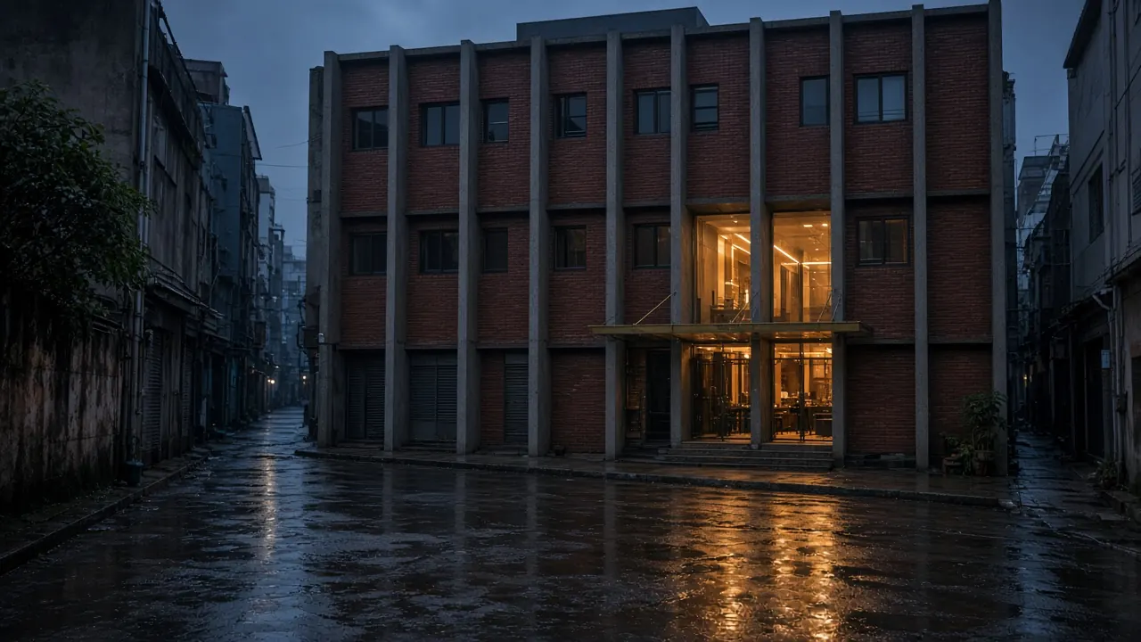 Studio study of a brick commercial building on a wet urban street at dusk.