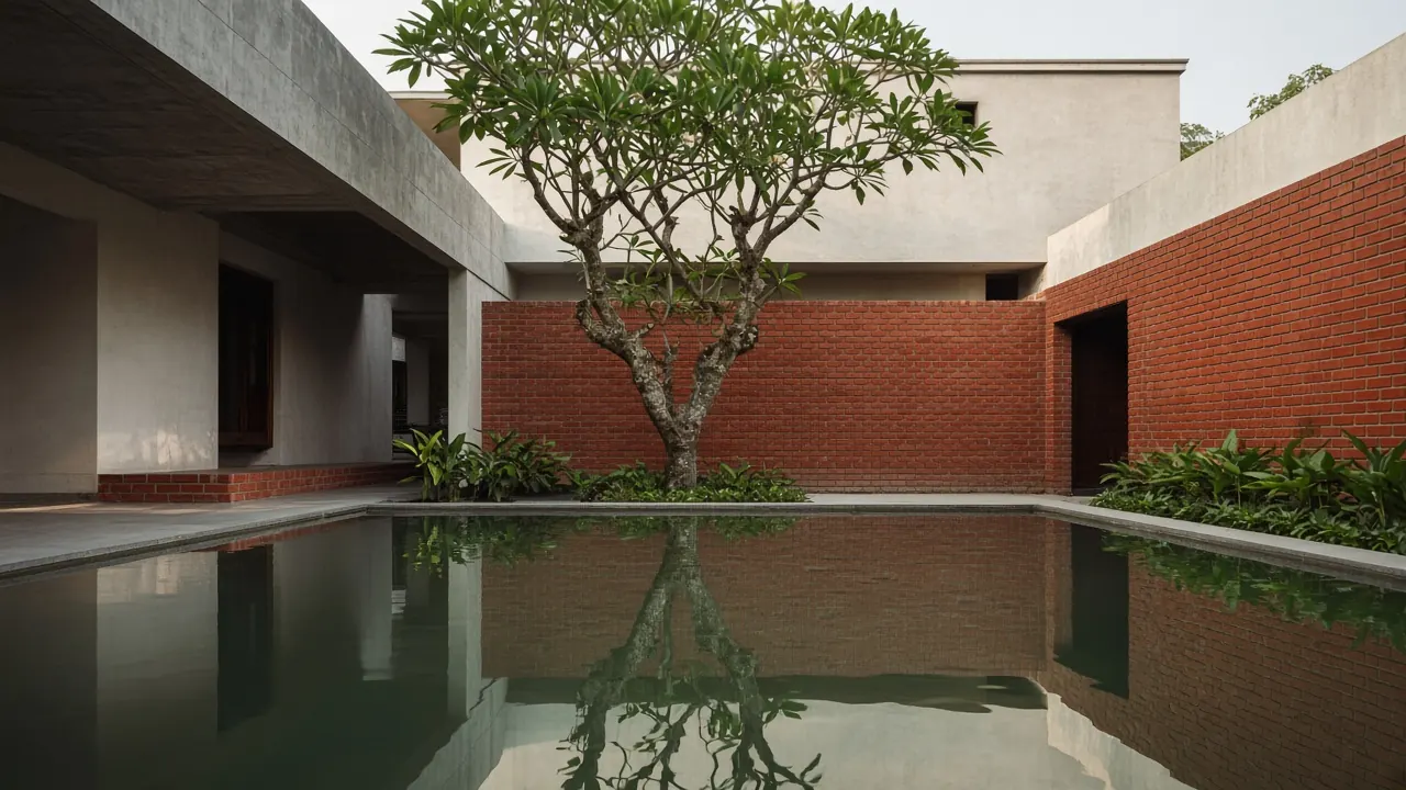 Studio study of a brick and plaster courtyard with a frangipani tree and a still pool.